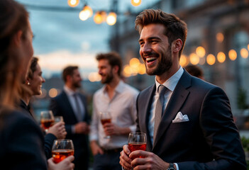 Charismatic Businessman Networking at a Rooftop Event