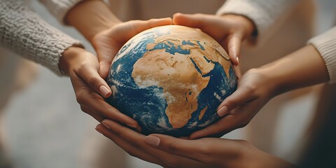 several hands of different ethnicities holding an earth globe. Solid black background