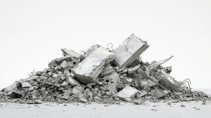 Pile of Broken Concrete Debris and Steel Reinforcement Bars from Demolished Structures on a Plain White Background Capturing Urban Destruction and Construction Waste Elements