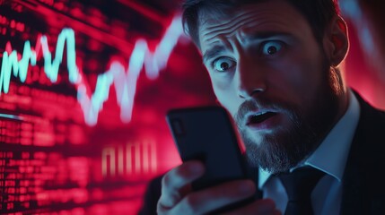 Close-up of a businessman holding his phone, staring in shock at the red, falling stock graphs.