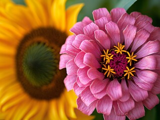 Vibrant Pink Zinnia and Sunflower Close-up
