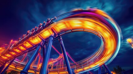 Dynamic Nighttime Roller Coaster Ride with Vibrant Lights Capturing the Thrill of Amusement Park Excitement Under Dramatic Cloudy Sky