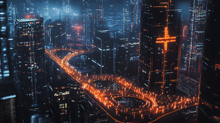 Fototapeta premium Smart digital Innovation city with connection network reciprocity over the cityscape. of future smart wireless digital city and social media networking systems that connects people with in city