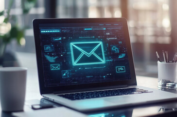 A sleek laptop rests on a desk, showcasing a high-tech email interface lit up with blue graphics. Coffee cups are present, adding to the contemporary office atmosphere.