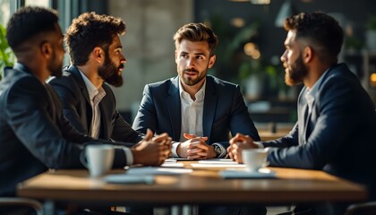 Young Business Professionals Having Informal Coffee Meeting Discussion in Modern Cafe Setting
