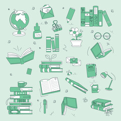 Doodle book collection. Educational Vector isolated illustration, books set icon. Stack of books, glasses, lamp, vertical books. Reading books concept. World book day. Minimalism, monochrome.