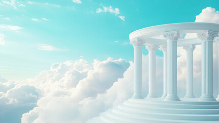 Majestic white pillars rise above fluffy clouds under a bright blue sky