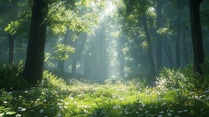 Obraz premium Lush Green Forest with Sunlight Streaming Through the Trees Capturing the Beauty and Tranquility of Nature for Environmental Conservation