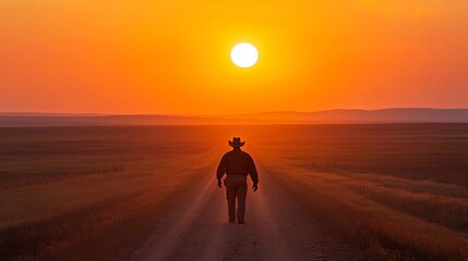 Farmer Guiding Tractor Down Rustic Dirt Road at Scenic Sunset