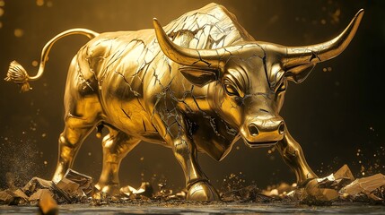 Golden bull statue cracked and falling apart, symbolizing the end of a market rally.