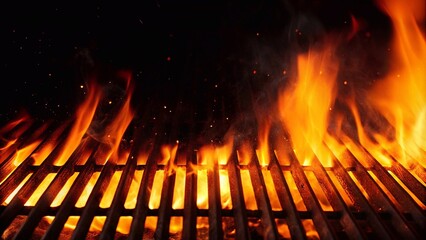 A barbecue grill with flames and smoke, set against a black background, showcasing an empty fire grid