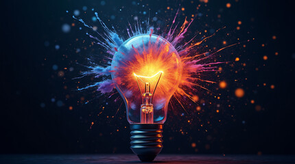 Creative light bulb explodes with colorful paint and splashes on a black background. Think differently creative idea concept