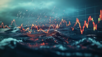 Shattered stock market graphs floating in a stormy sea, reflecting the financial chaos.