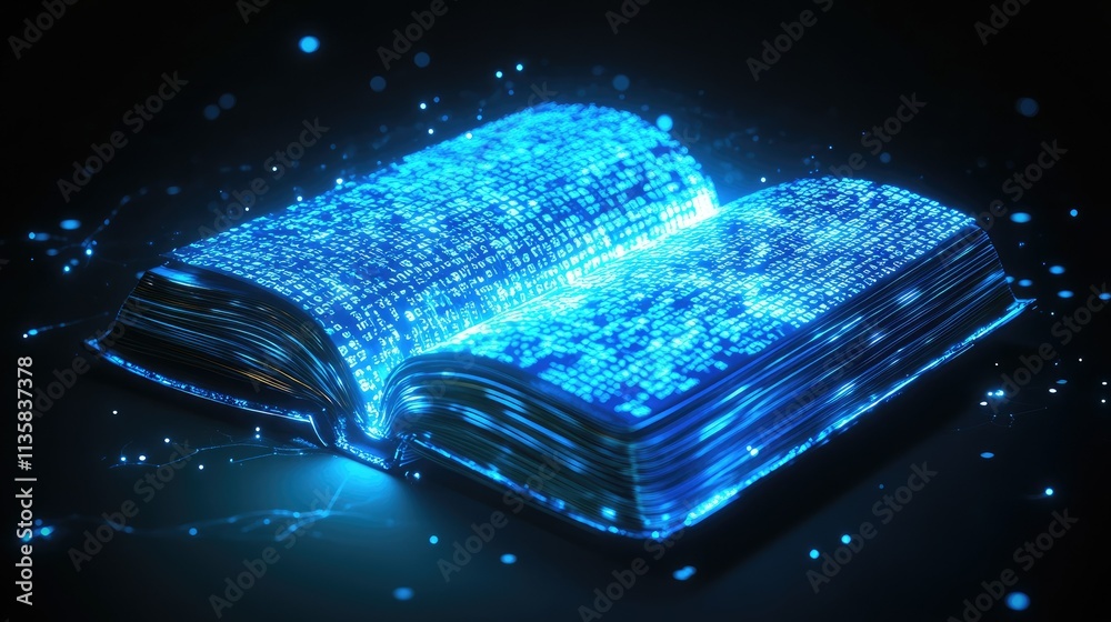 Poster open book with glowing blue binary code and digital particles, representing knowledge, technology, a