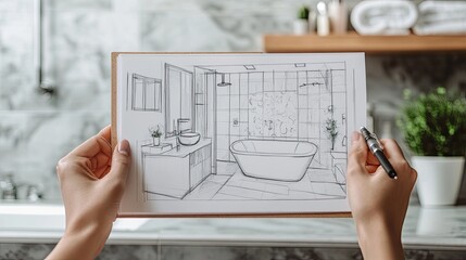 Hands holding a notepad with a creative bathroom design blueprint or drawing, showcasing a real interior design project for a stylish bathroom renovation