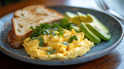 A healthy breakfast of eggs, avocado, and toast on a plate, ready to be enjoyed in the morning.
