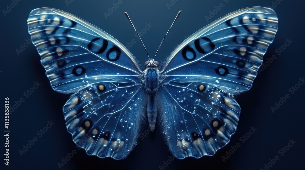 Aufkleber a striking blue butterfly with intricate patterns and textures against a dark background.
