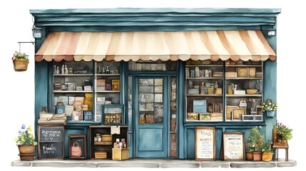 Charming illustration of a quaint market shop exterior with colorful awning, wooden shelves, and inviting display of various goods and plants outside