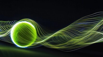 Abstract representation of a glowing green sphere amidst vibrant light trails on a dark background, symbolizing energy, motion, and innovation in modern design concepts.
