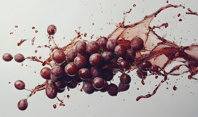 Red grapes splashing in juice.