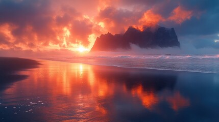 A stunning sunset over a beach, reflecting vibrant colors on the wet sand and waves.