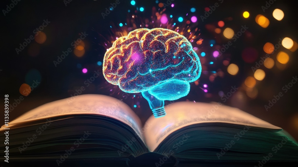Poster conceptual representation of knowledge and intelligence with an open book and a glowing brain surrou