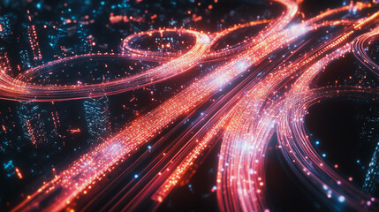 Fototapeta premium Smart digital Innovation city with connection network reciprocity over the cityscape. of future smart wireless digital city and social media networking systems that connects people with in city