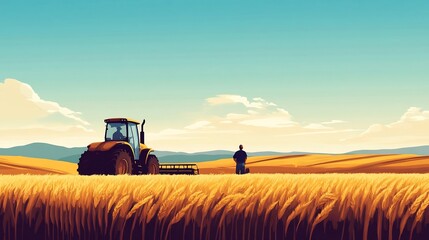 Fototapeta premium Farmer Harvesting Crops in Golden Farmland with Tractor and Expansive Countryside