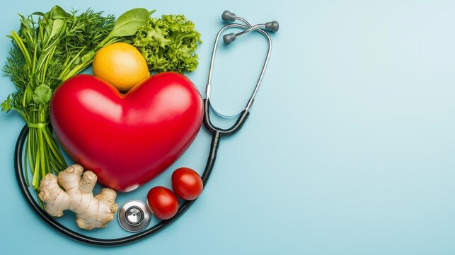 A heart symbol surrounded by healthy foods and a stethoscope, promoting heart health.