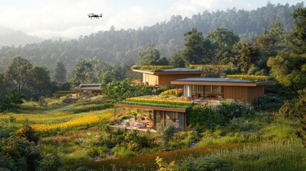 Obraz premium Modern eco-friendly homes surrounded by vibrant nature and a drone overhead.