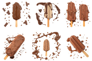 Collection of various chocolate-covered ice cream bars and popsicle surrounded by rich chocolate splashes, broken chocolate pieces, and crunchy topping isolated on white transparent background PNG set