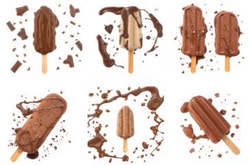 Collection of various chocolate-covered ice cream bars and popsicle surrounded by rich chocolate splashes, broken chocolate pieces, and crunchy topping isolated on white transparent background PNG set