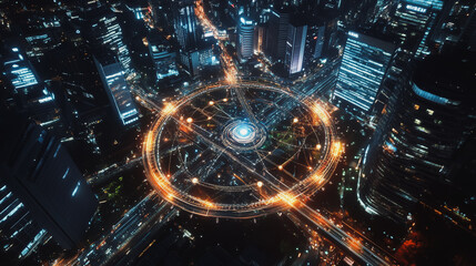 Obraz premium Smart digital Innovation city with connection network reciprocity over the cityscape. of future smart wireless digital city and social media networking systems that connects people with in city