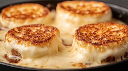 Deliciously Melted Cheese on Crispy Bread in a Skillet