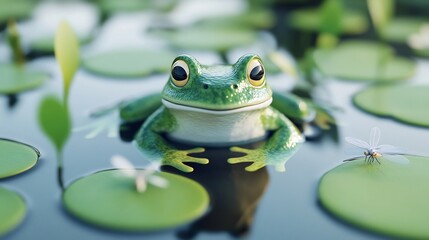 Naklejka premium Playful Green Frog Surrounded by Lily Pads and Dragonflies in Smooth 3D Cartoon Style