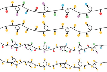 Christmas lights set on white background. Garlands with colored bulbs.