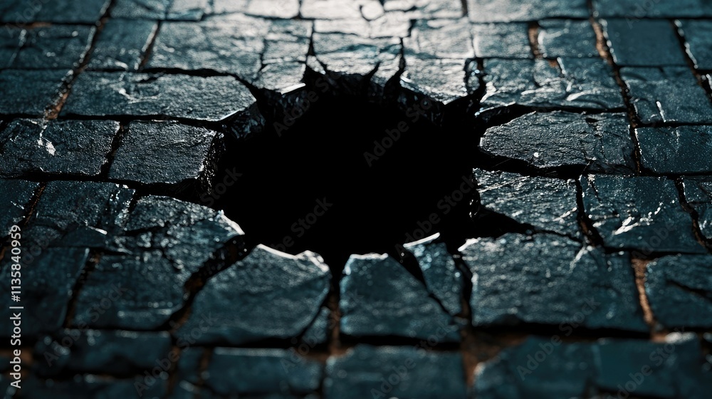 Poster dark circular hole surrounded by cracked tiles on a floor, highlighting texture and depth in a myste