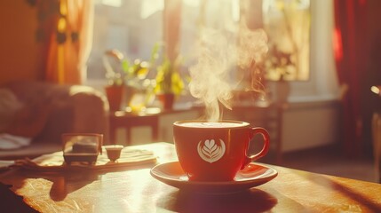 Cozy moment with a steaming cup of coffee and beautiful latte art amidst warm sunlight