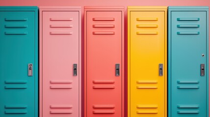 Colorful lockers in a school hallway with vibrant pastel tones