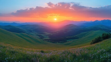 Obraz premium A stunning sunset over rolling hills, showcasing vibrant colors and lush greenery.