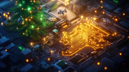 Fototapeta premium Festive circuit: christmas tree and drone on glowing microchip technology. Happy New Year. Merry Christmas