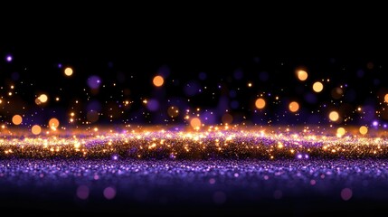 Abstract glowing purple and gold bokeh lights on dark background. Merry Christmas. Happy New Year.