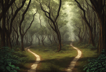 Obraz premium Ornate Product Display on Plain Background with Enchanting Forest Pathway Concept