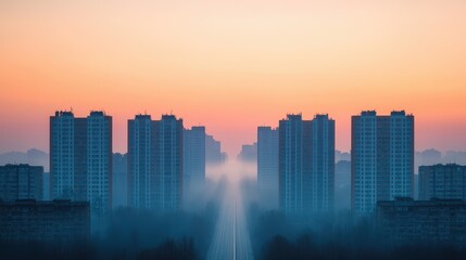 Fototapeta premium Urban Landscape at Sunrise with Mist Over Misty City Buildings