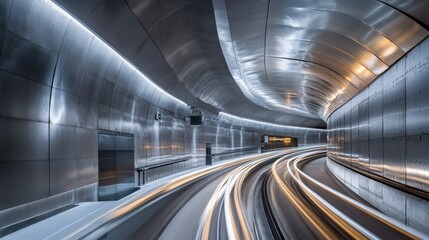 Fototapeta premium Futuristic Underground Tunnel with Glimmering Light Trails and Reflective Metallic Architecture, Perfect for Urban Transportation and Infrastructure Themes