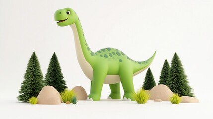 Friendly Green Dinosaur Cartoon Character in 3D Nature Landscape