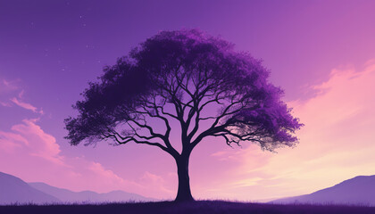 A solitary tree stands silhouetted against a breathtaking, vibrant purple sunset.. 