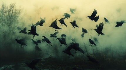 Fototapeta premium A flock of crows in flight, dark and mysterious