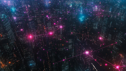 Obraz premium Smart digital Innovation city with connection network reciprocity over the cityscape. of future smart wireless digital city and social media networking systems that connects people with in city