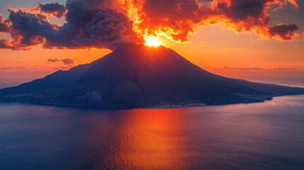 Fototapeta premium A stunning volcanic eruption at sunset, illuminating the sky and reflecting on the ocean.